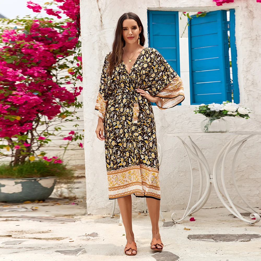 플러스 사이즈 보호 기모노, 여성용 플러스 페이즐리 및 플로럴 프린트, 3/4 소매 오픈 프론트 벨트 기모노 커버 업