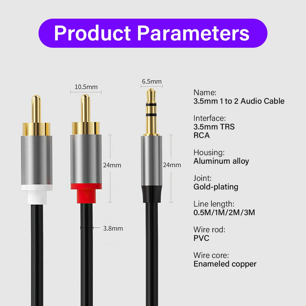 3.5 mm To RCA Aux Cable 3.5mm TRS 3 Pole Adapter Cable For Mobile Phone TV PC Amplifier Jack Auxiliary Wire HIFI Audio Connector - 6
