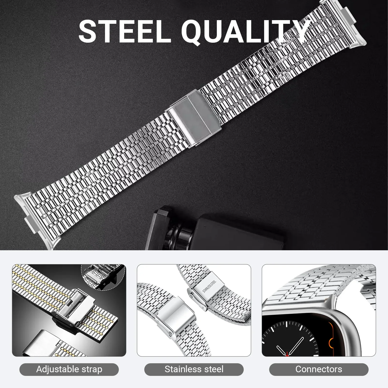 Premium Stainless Steel Metal Watch Strap Bracelet, Universal Fit
