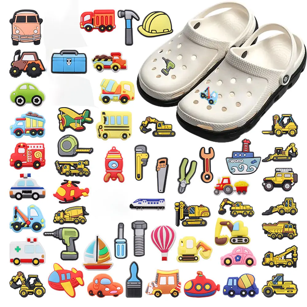 Mix 100Pcs Cartoon Transport Car Tractor Tools Hammer Pvc Shoe Charms Buckle Clog Croc Jibz Garden Shoes Button Decorations