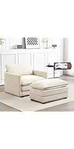 ROWHY Single Armchair with Ottoman, Modern Corduroy Cloud Couch with Convertible Chaise, Upholste...