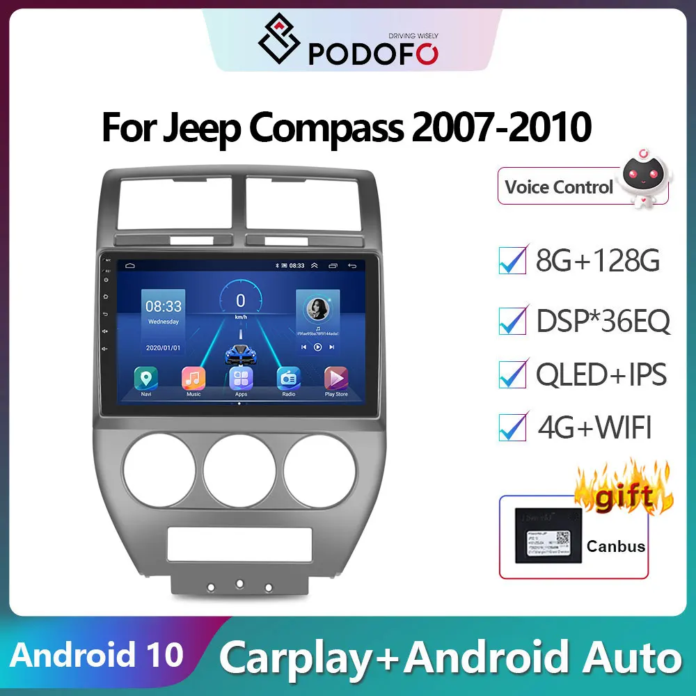 

Podofo Android 10 DSP Car Radio Multimidia Video Player Navigation GPS For Jeep Compass 2007-2010 2din 4G WIFI Carplay Head Unit