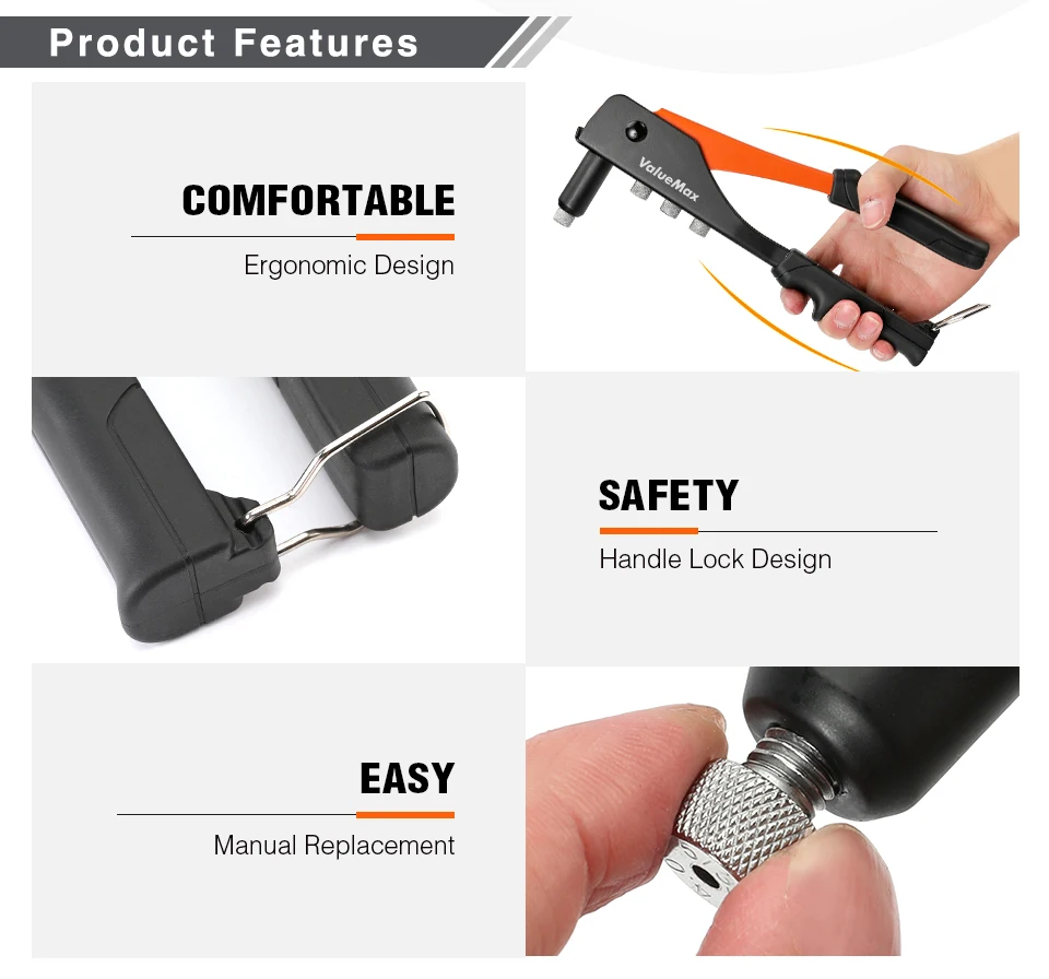 ValueMax-Conjunto Profissional de Rebite Manual, Rebitador de Mão 4 em 1, Ferramenta para Reparação Doméstica, DIY com 200 Rebites