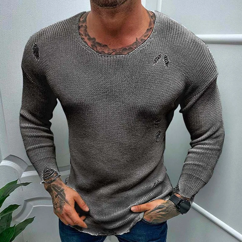 Men's Casual Tops Spring Summer Fashion Solid  knit Long Sleeve Torn Sweater Male Tees 2023 Holiday Streetwear Chic Shirts