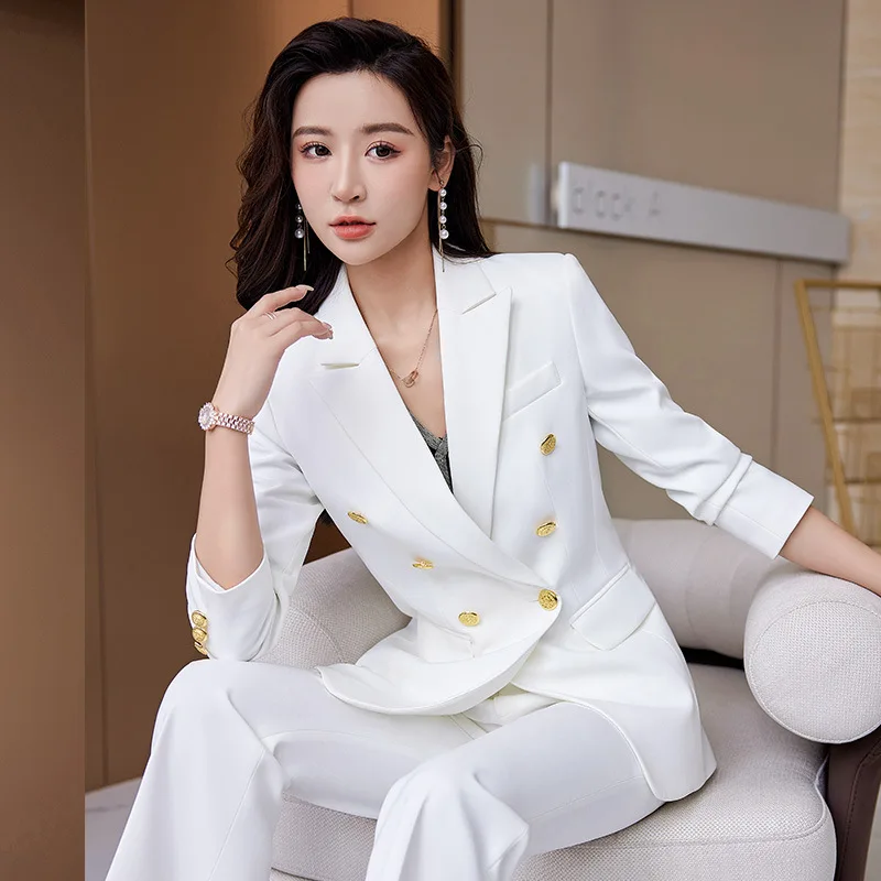 100,79 US$-Conjunto de traje formal para mujer Blazers Pantalones Blanco Mujer  Elegante traje de pantalón blanco Blazer-Description