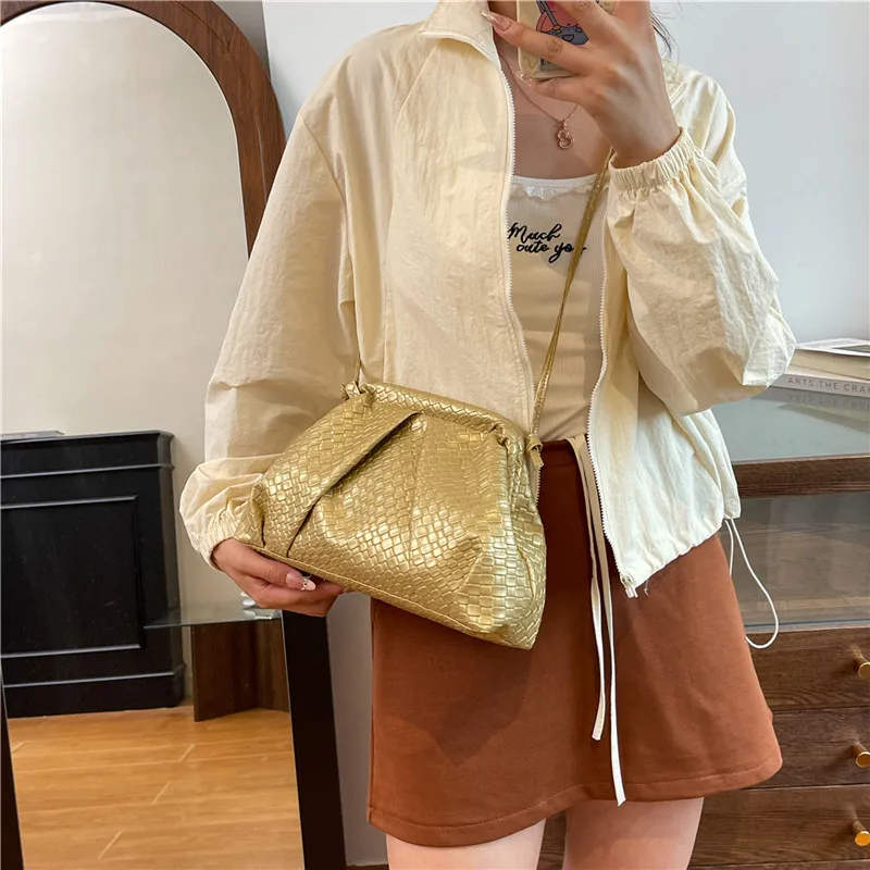 Woven Clip-On Women's Bag Fashionable Light Luxury Pleated Small Bag Versatile and Stylish Shoulder Clutch Crossbody Bag - 4