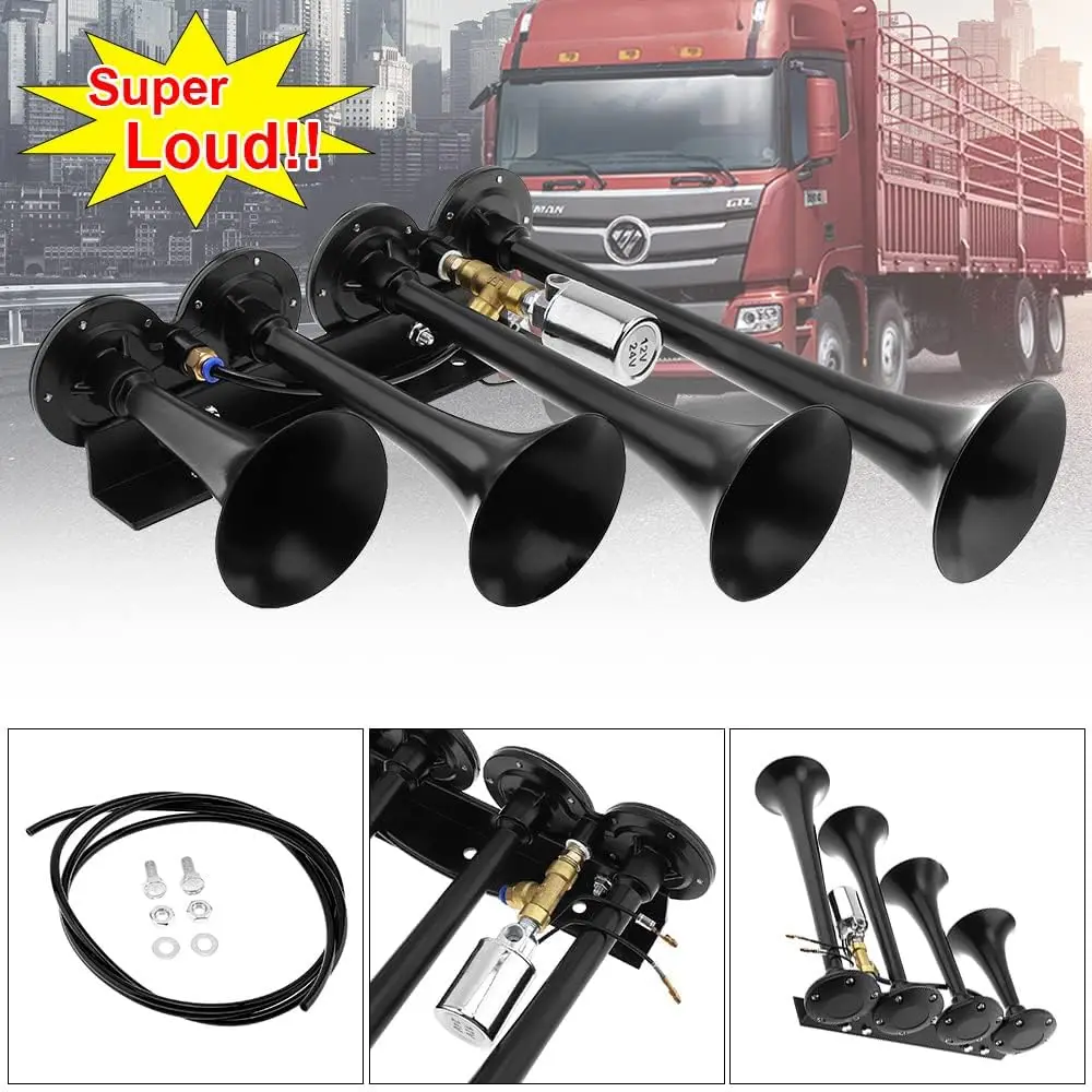 

12V/24V 4 Trumpet Electric Train Air Horn Kit 105-115 DB Loud Train Horns 500-800Hz 0.8-0.9MPA Air Horns For Trucks Cars