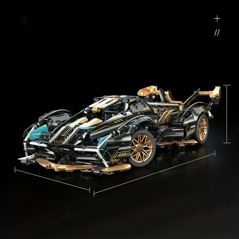 Voiture de course en blocs de construction V12, voiture en blocs de construction noire et dorée, modèle de voiture en bois de bureau raffiné, cadeau d'anniversaire, cadeau pour petit ami