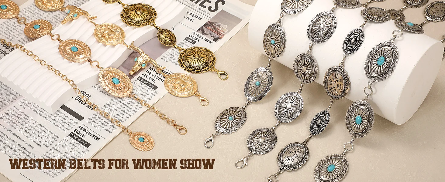 Damen Western Metall-Concho-Gürtel Vintage Boho Goldkette Gürtel für Kleider Jeans Verstellbare Cowgirl Taillenkette – Detail 1