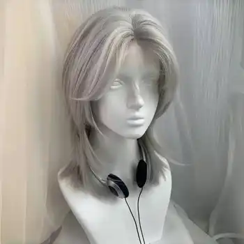 Parrucca sintetica Lolita Fronte Pizzo Coda di lupo Capelli corti ricci grigio argento Stratificazione Parrucca soffice quotidiana Testa piena Unisex Quotidiano Ciao