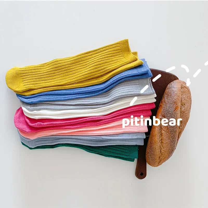 1pair Korean Candy Color Girls Stockings Children Knee High Socks Pearl Cotton Teens Students Kids Socks Free Size 1-10years Old