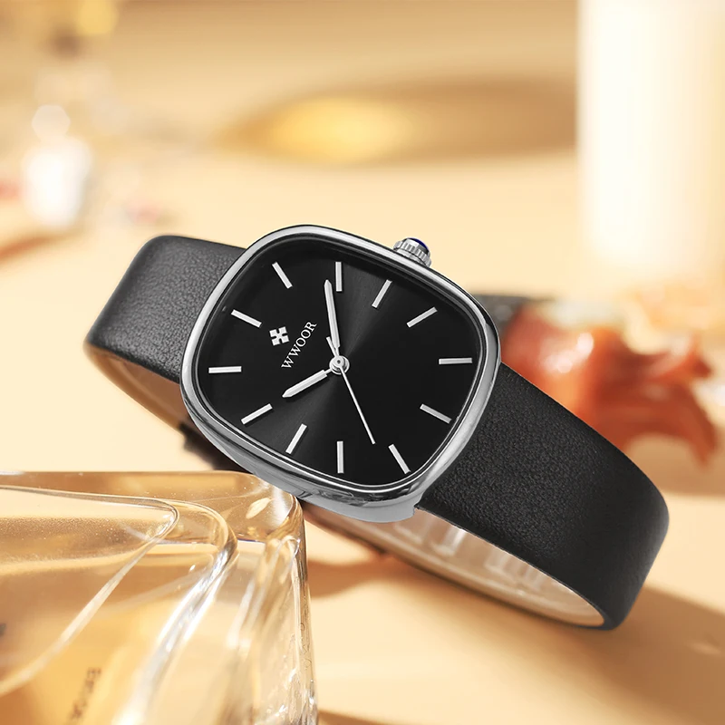 WWOOR New Luxury Black Leather Watch For Women Dress Elegant Watch Casual Women Bracelet Wristwatch Female Gift Relogio Feminino