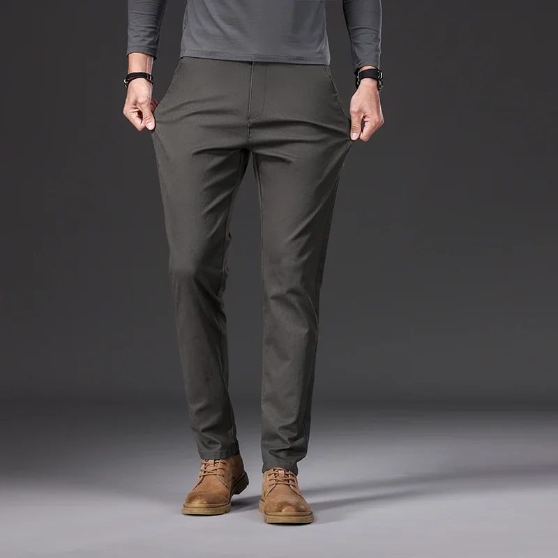 97% Cotton Men's Casual Pants Autumn Fashion Comfortable Elastic Slim Straight Business Trousers Black ArmyGreen Khaki 5