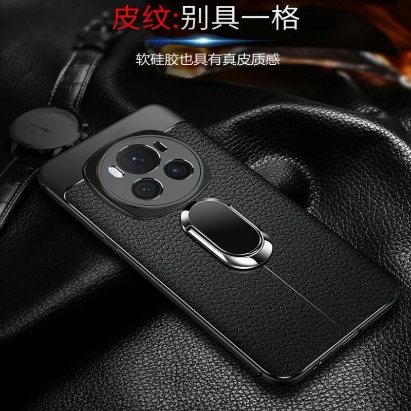 Enhanced Magnetic Phone Case with Holder Ring, PU Silicone Shockproof Bumper Cover