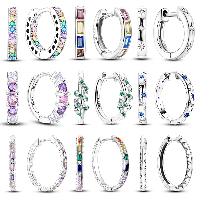 Authentic 925 Silver Color Sparkling Cubic Colorful Zircon Star Double Hoop Earring For Women Proluxe Wedding Engagement Jewelry