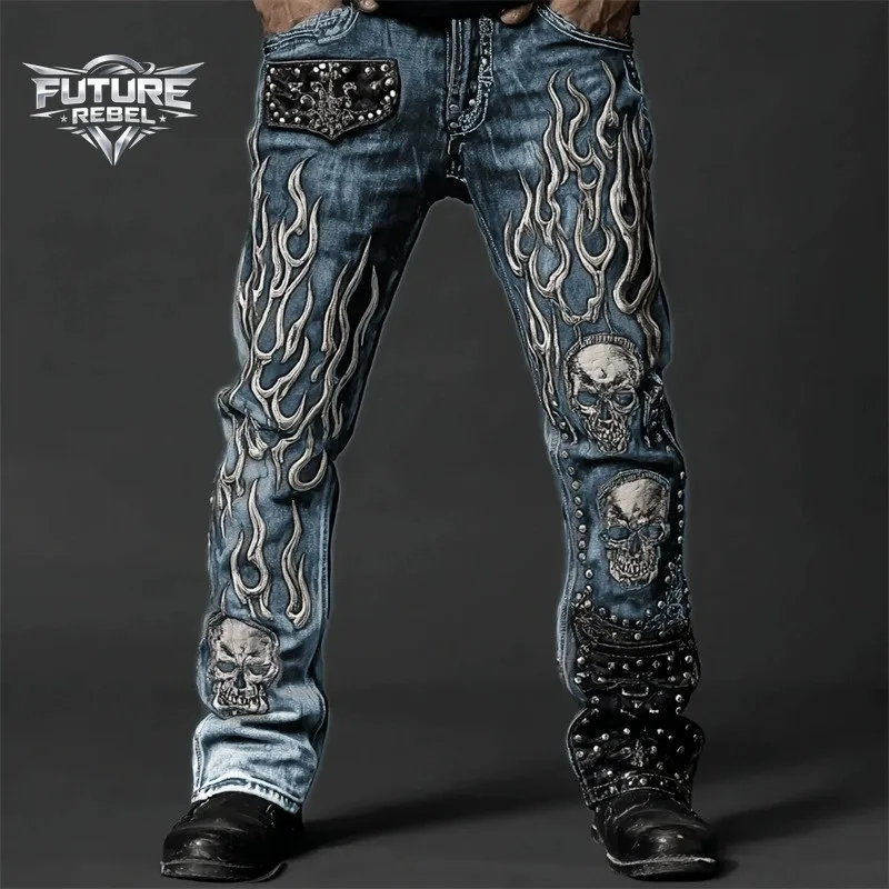 Y2K Gothic Streetwear Denim Jeans Unisex Skull Flame 3D Print Fit Washed Biker Pants Punk Hip Hop Club Outfit Vintage Harajuku 1