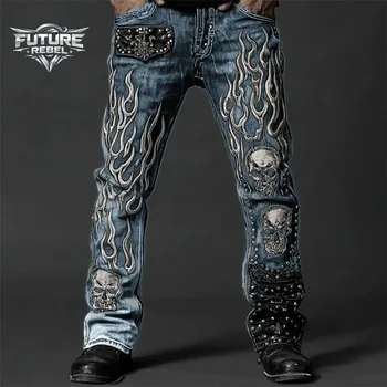 Y2K Gothic Streetwear Denim Jeans Unisex Skull Flame 3D Print Fit Washed Biker Pants Punk Hip Hop Club Outfit Vintage Harajuku 1