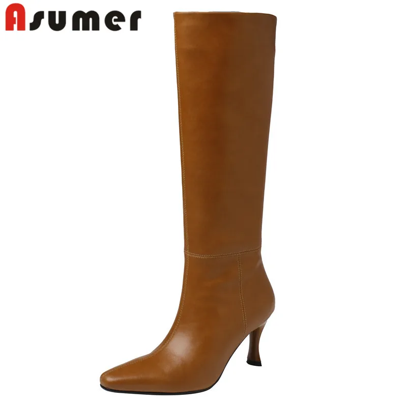 

ASUMER 2024 New Square Toe Genuine Leather Knee High Boots Sexy Ladies Slip On Winter Boots Stilettos High Heels Boots