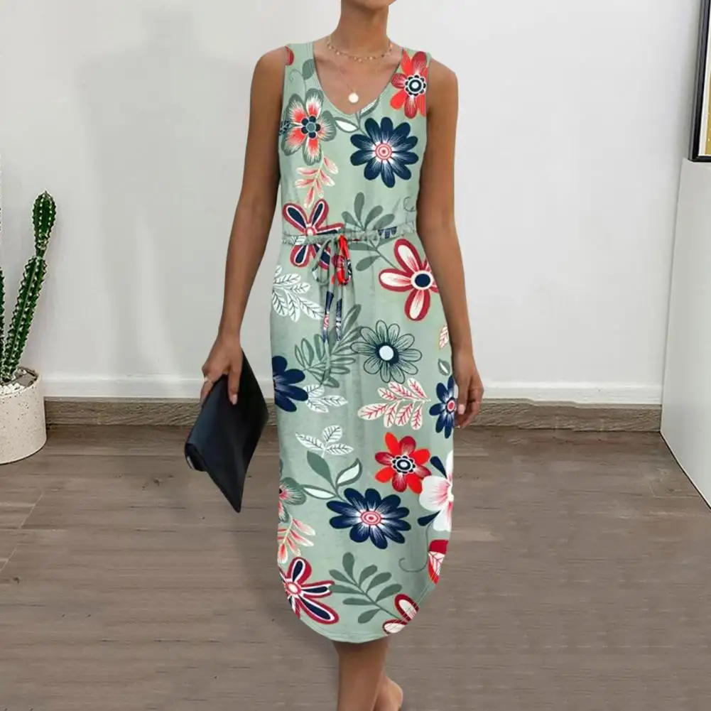 Loose Fit Dress Floral Print V Neck Sundress Slim Waist Knee Length Midi Dress for Women Elegant Summer Fashion Lady Midi Dress