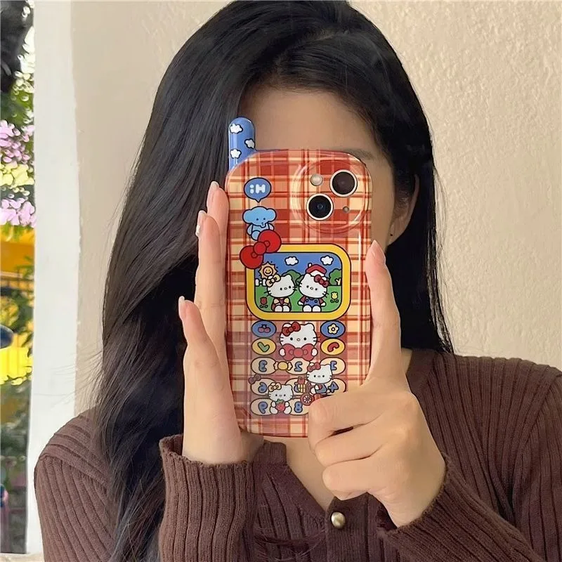 

Kawaii Sanrio Anime Hello Kitty TPU Phone Case Cute Cartoon Red Grid All-inclusivel Lovely Telephone Customized Sweet for Girls