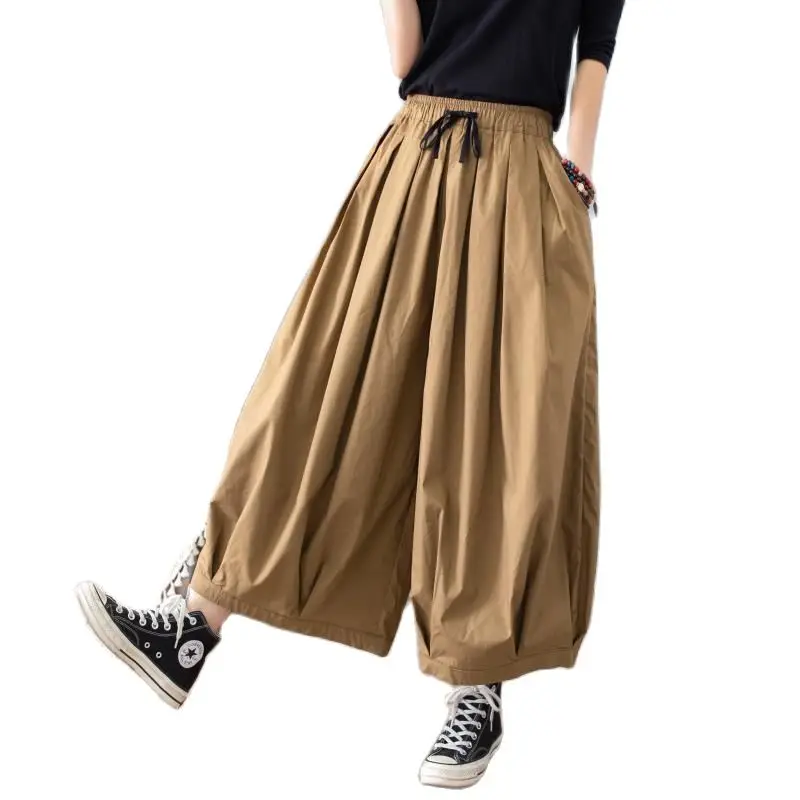 

2023 Summer Female New Literary Vintage Elastic Waist Bloomers Women's Nine Points Loose Age Reduction High Waist Trouser Skirt