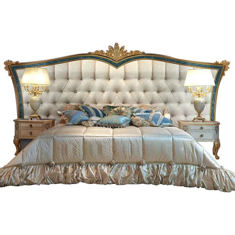 

Customized European style luxury solid wood wedding bed for palace fabric double bed large villa