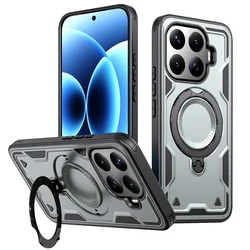Magnetic Shockproof Hard PC + Soft TPU Phone Case with Rotating Ring Bracket for Xiaomi 17T Pro (Grey)