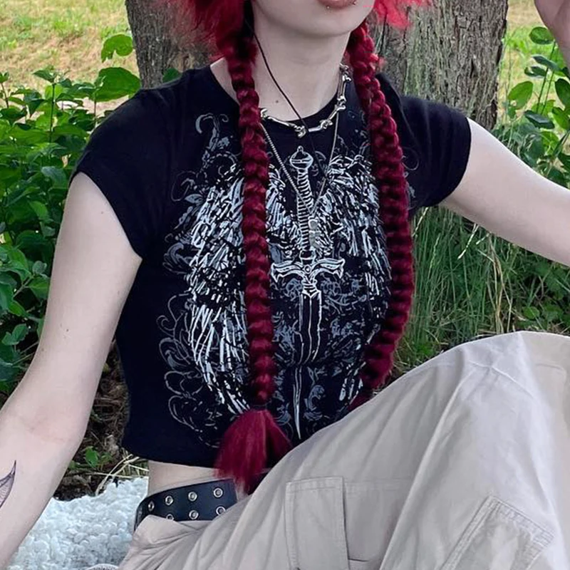 90s Harajuku printed T-shirt short sleeved tight top women's Y2K street wear exposed navel top