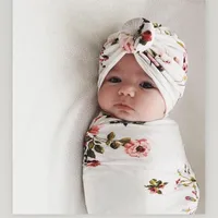 Baby Swaddle Blanket and Bandana Donut/Ruffle Hat Newborn Cotton Swaddle Wrap Set 2 Piece Set 1