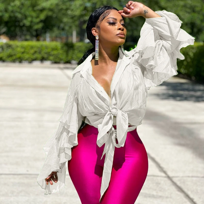 

Women Spring Summer Button Tie Up Chiffon Shirt Ruffle Long Sleeve Tops See Through Bandage Irregular Tops S-5XL