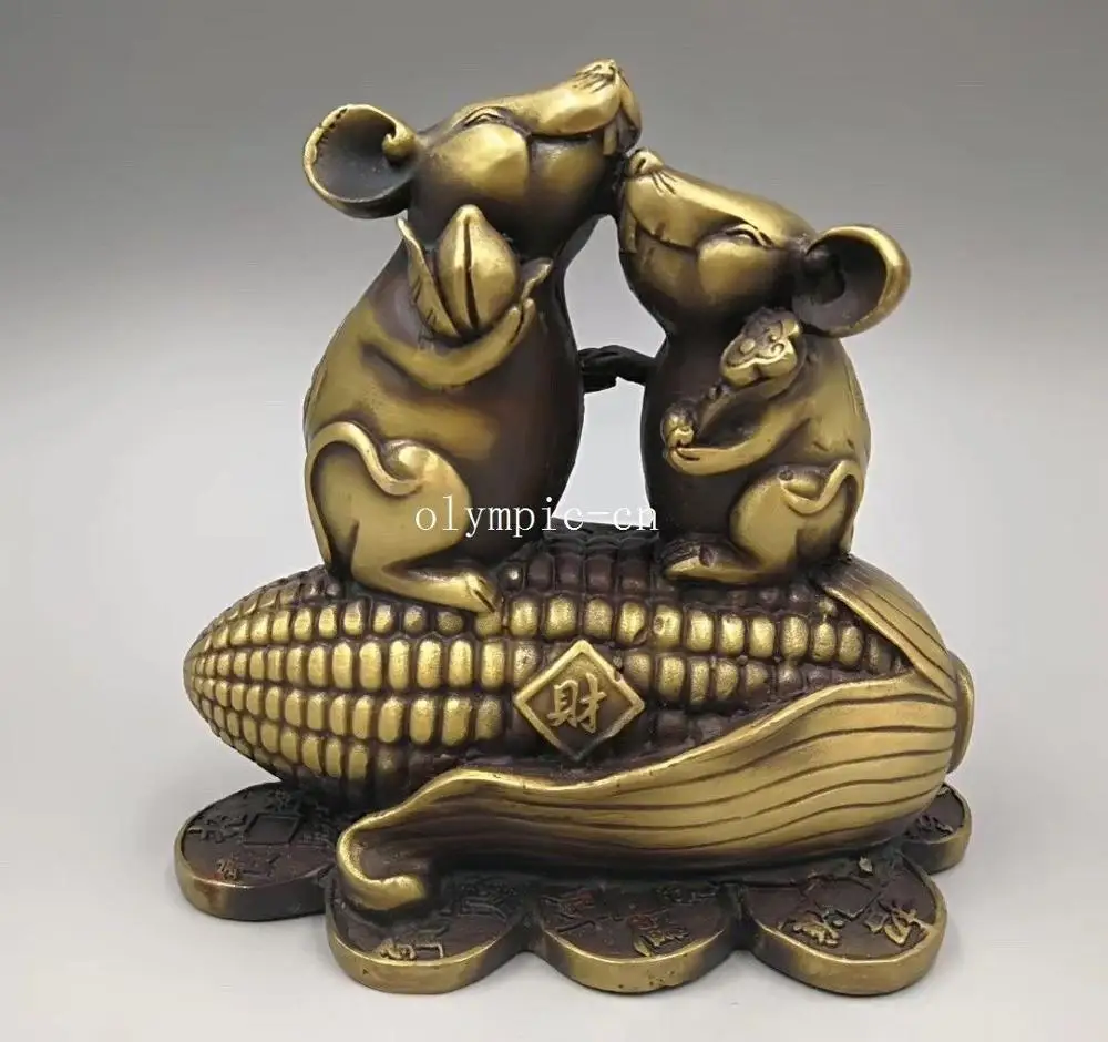 

14CM height bronze brass copper carvings maize corn corncob both rat statue