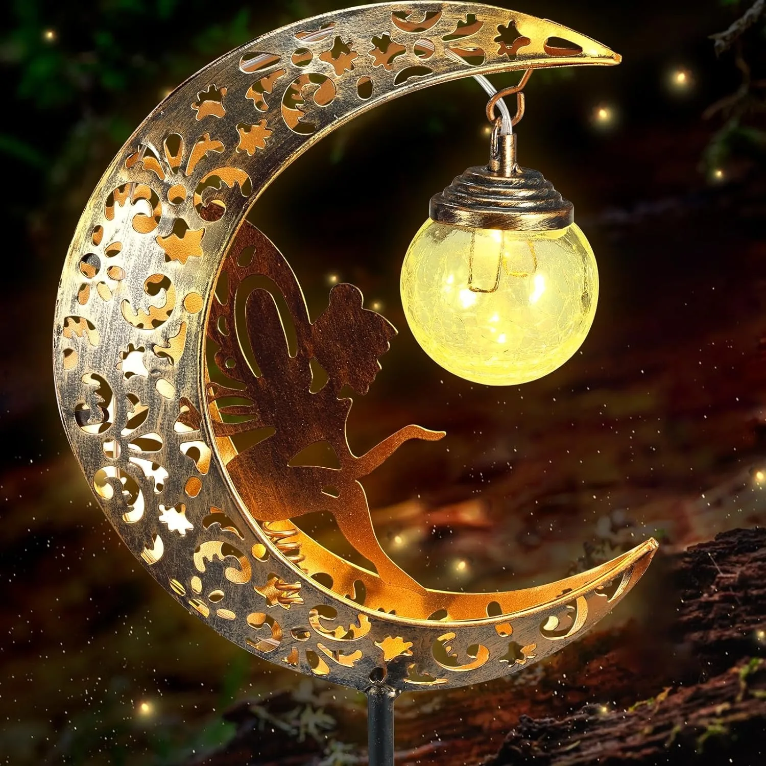 thumbnail image 1 of 1 farol de metal con forma de luna que funciona con energía solar. Luz LED impermeable para exteriores, perfecta para decoración de patios y jardines., 1 of 5