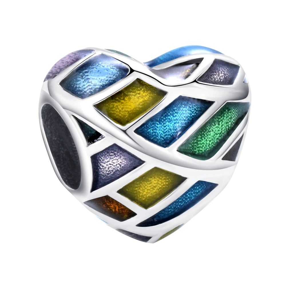 

PANQDIY S925 Sterling Silver Jewelry Fashion Rainbow Heart Charm Colorful Enamel Pendant Bead For Original Bracelet Diy Gift