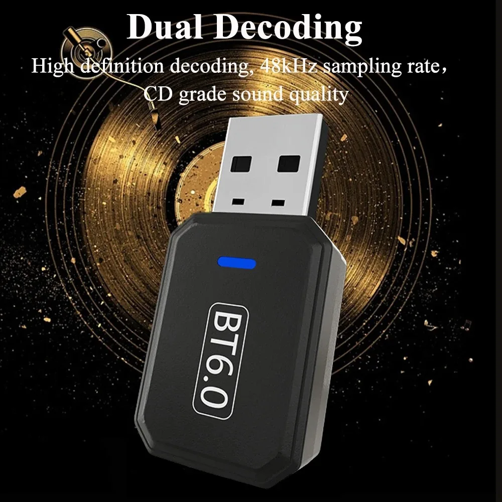 KEBIDUMEI 미니 블루투스 6.0 오디오 어댑터 수신기 송신기 2in1 무선 어댑터 USB 동글 외부 USB 블루투스 어댑터