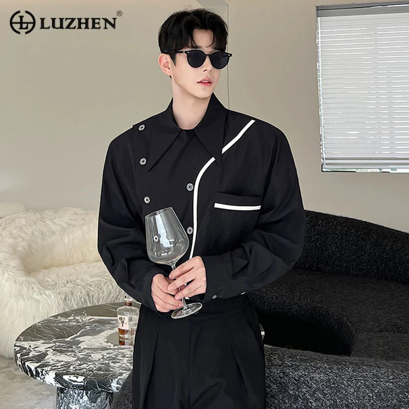 

LUZHEN 2023 Stylish Elegant Asymmetric Color Contrast Line Design Casual Shirts Men's High Street New Autumn Trendy Tops Bbc51c