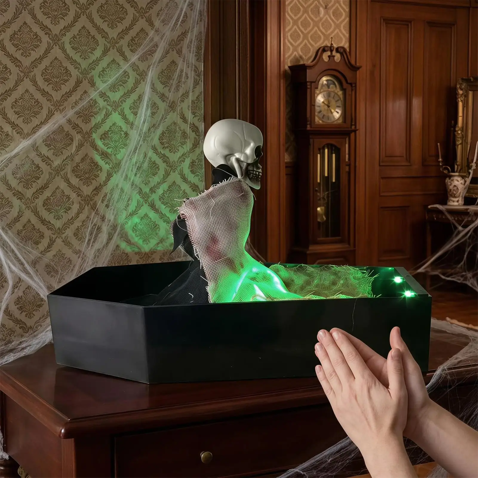 Sound-Activated Animated Skeleton Coffin with Green LED Lights and Scary Sounds - Halloween Decor for Home and Parties