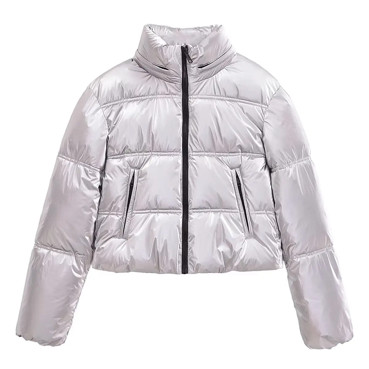 

Women New Fashion Metallic Winter Thick Short Jacket Coat Vintage Long Sleeve Zipper All-match Casual Female Outerwear Chic Top