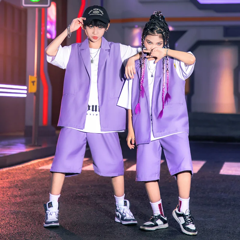 

Hip Hop Boys Girls Clothes Summer Lapel Purple Vest Sleeveless Blazer Jacket Casual Streetwear Shorts 2pcs Child Jazz Dance Sets