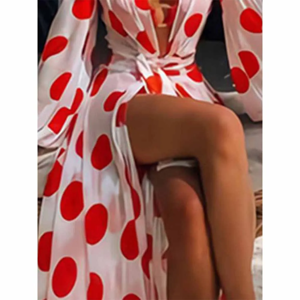 Polka-Dot Floral-Print Puff Sleeves Dress One Piece 2024 Summer Red Single Deep-v Beachwear Bandage Beach Long Sleeve Cover Up