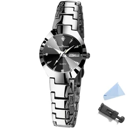 Women's Elegant Stainless Steel Waterproof Quartz Wristwatch with Luminous Dial and Calendar Feature (Date silver black)
