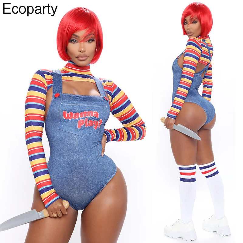 

5XL Halloween Chucky Doll Cosplay Costume For Women Sexy Tops Bodycon Jumpsuit Suit Movie Scary Nightmare Killer Doll Outfits