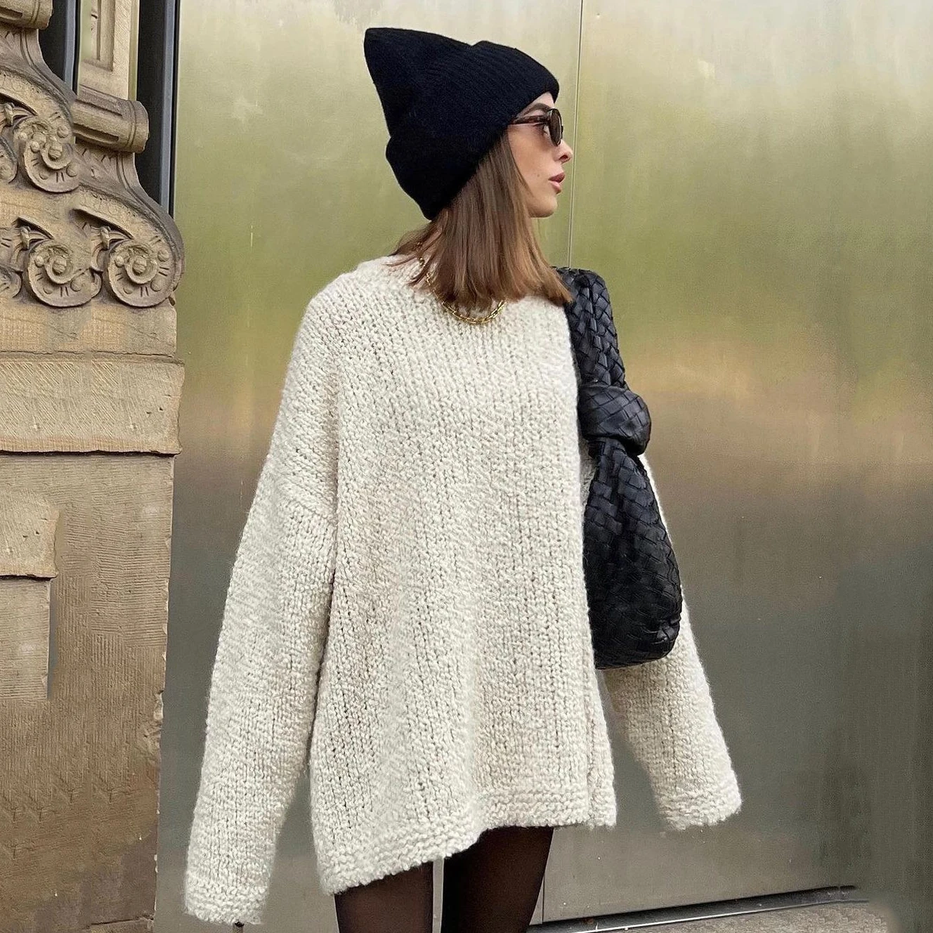 

Lazy Style Oversized Crochet Sweater For Women Long Winter Plain White Warm Khaki Grey Korean Fashion Turtleneck Knitwear Top