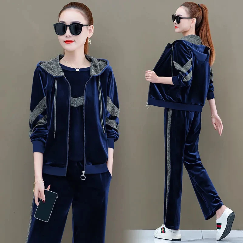 Casual Velvet 3 Piece Set Patchwork Zipper Hooded Tracksuit Ankle Length wide leg Pant Suits Sweatsuit Women Spring Loose Outfit