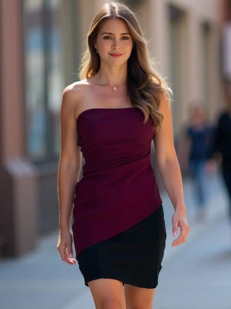 HH Women's Elegant Solid Color Strapless Asymmetrical Hem Sleeveless Tank Top Summer Sexy Off-Shoulder High Street Fashion