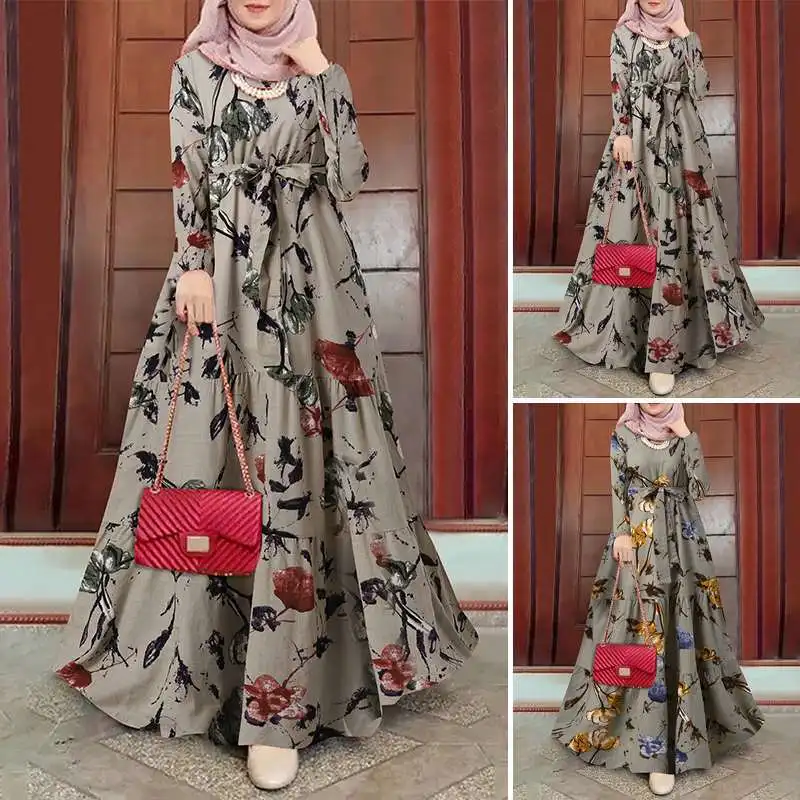 Islam Abaya Dress for Women, Retro Casual Flower Robe, Long Sleeve, Round Neck, Muslim Printed, Europe and America