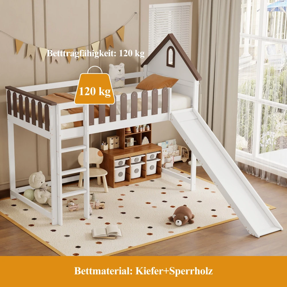 90x200cm Hochbett, mit Dach und Fenster, mit dreistufiger gerader Leiter, Jugendbett, Kinderbett mit Rutsche, Weiß+Walnuss – Detail 7