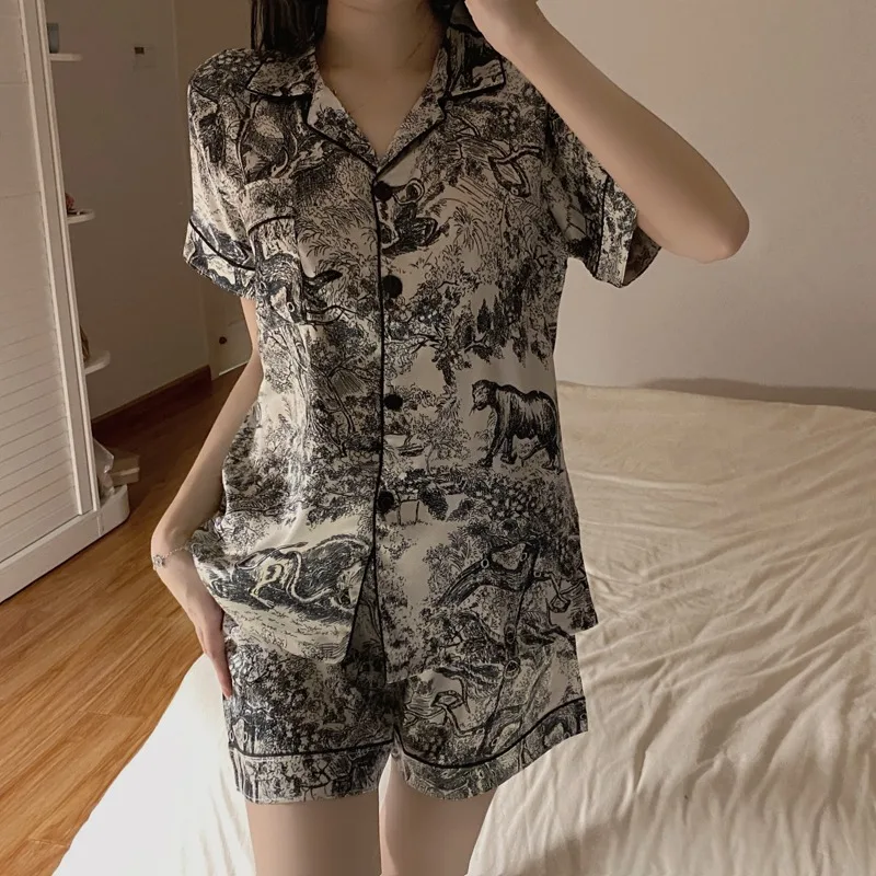 New Jungle Tiger Short Sleeve Shorts Women's Pajamas Set Thin Ice Silk Fabric Lapel Casual Women's Home Clothing Suit Wholesale
