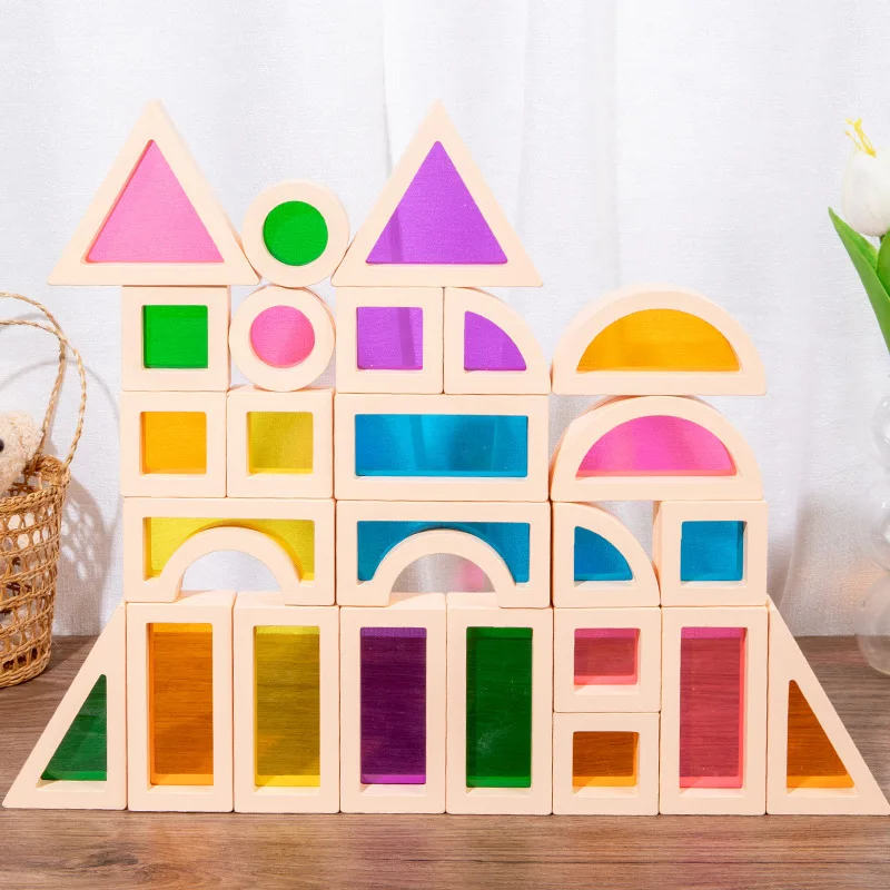 

Wooden Rainbow Stacking Blocks Creative Colorful Learning And Educational Construction Light transmission Building Toy For Kids