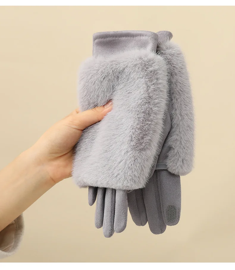 Women's autumn and winter rabbit fur gloves plus velvet thickened windproof and warm riding cold-proof touch screen suede gloves