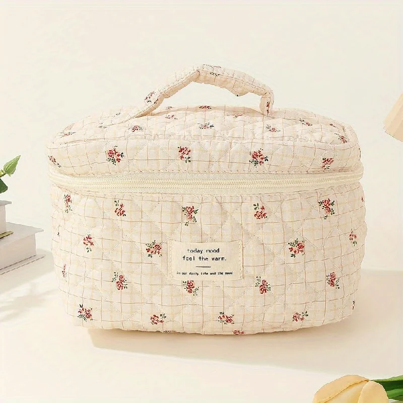 3Pcs Cotton Quilted Makeup Bag Coquette Makeup Bag Large Travel Cosmetic Bag Aesthetic Cute Kawaii Floral Makeup Bag Toiletry Ba 6